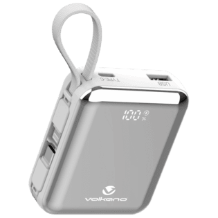 Volkano Solace Series 10 000 mAh Power Bank with Built-in USB-C & Lightning Cable - White & Silver