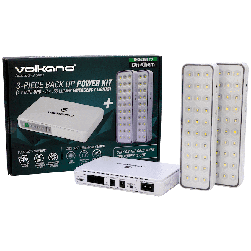 Volkano Backup Power Kit - Mini UPS + 2 150-Lumen Emergency Lights