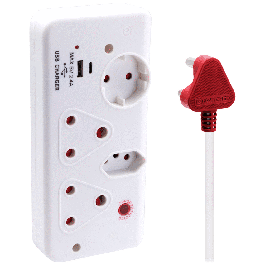 Switched 4-Way with 1x Type-C + 1x USB 2.4a Socket Medium Surge-Protected 0.5m