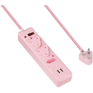 Switched 3-Way Surge Multiplug with Dual USB 2.4A & 0.5m Braided Cord - Pink