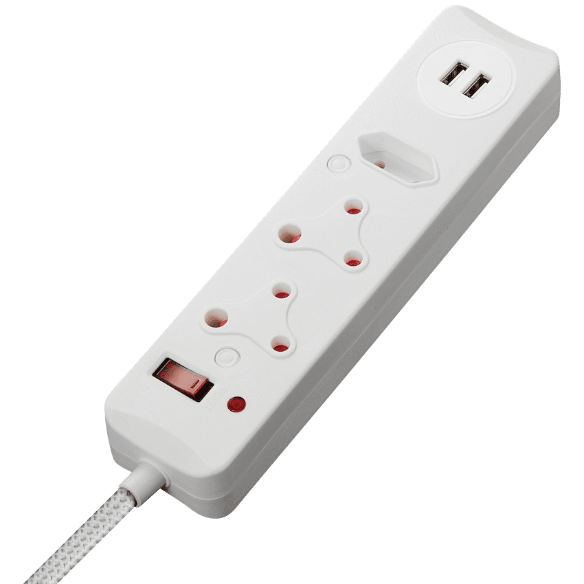 SWITCHED 3 Way Medium Surge Protected Multiplug with Dual 2.4A USB Ports 0.5M Braided Cord White