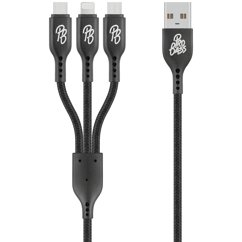Pro Bass Braided 3-in-1 Charge Cable 1m - Black - Image 2