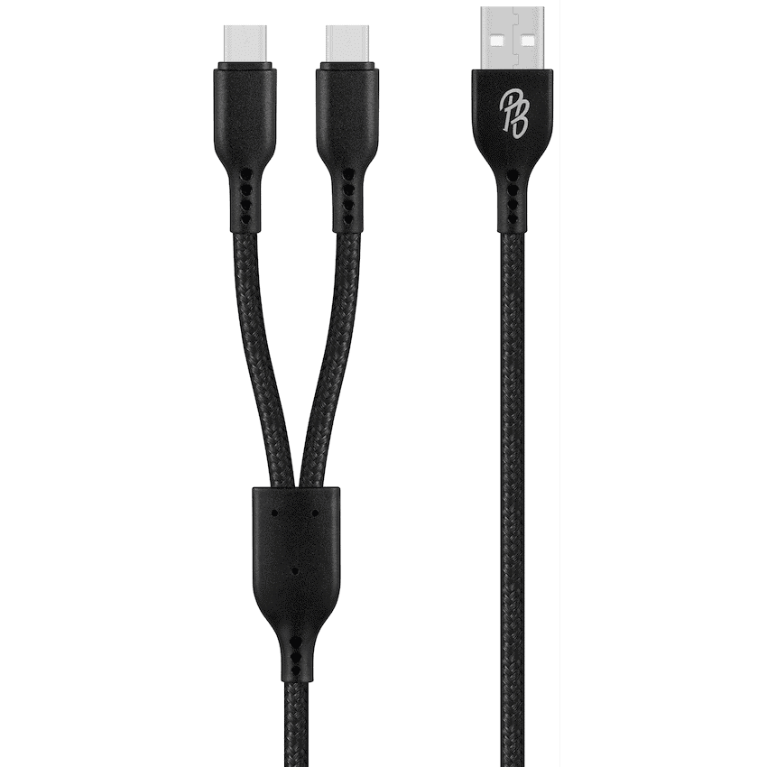 Pro Bass Cord Series 1.2m 15w USB-A to 2x USB-C Braided - Black - Image 2