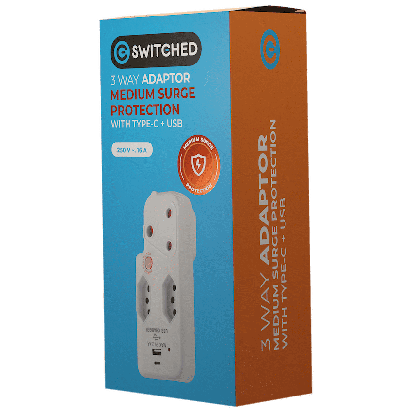 Switched 3-Way Medium Surge Adaptor with Type-C + USB - White - Image 2