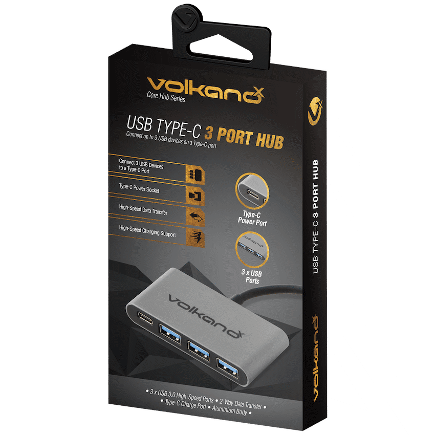 VolkanoX Core Hub series USB Type C to 3x USB 3.0 plus Power - 10cm - Charcoal - Image 2