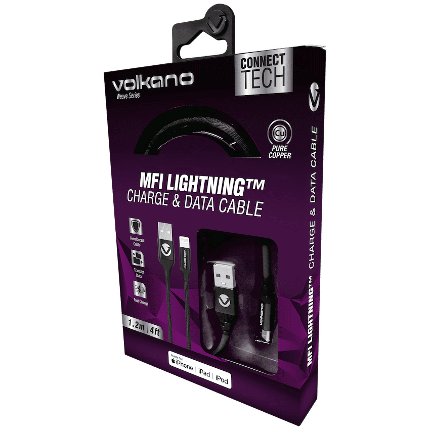 Volkano Weave Series Fabric Braided MFI Lightning Cable 27W 1.2m - Black - Image 2