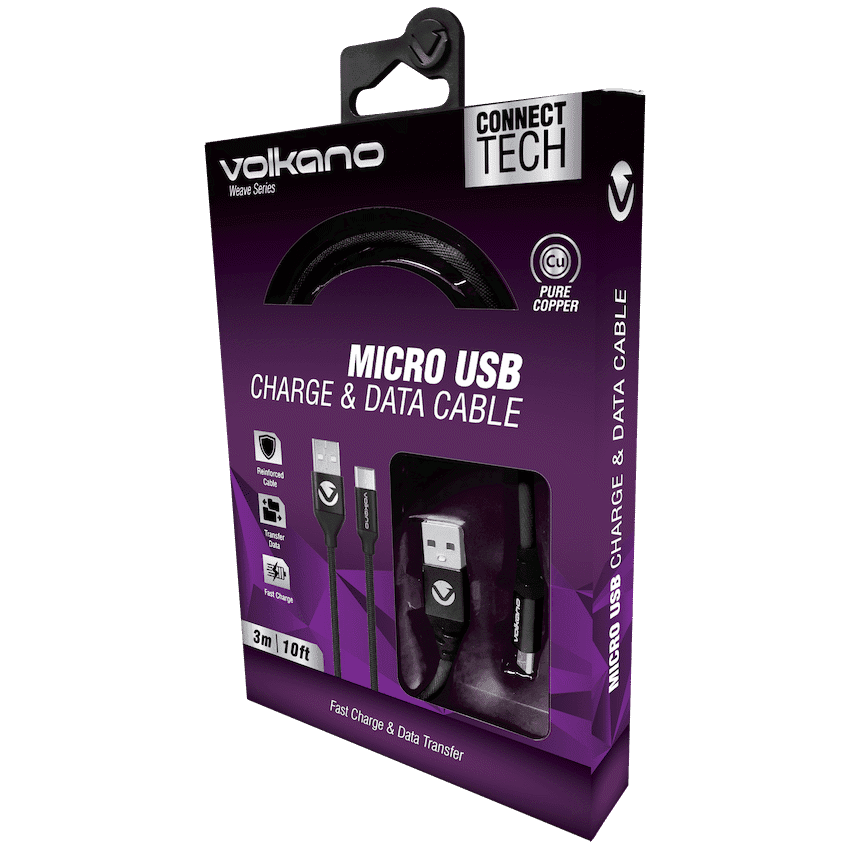 Volkano Weave Series Fabric Braided Micro-USB Cable 3m - Black - Image 2