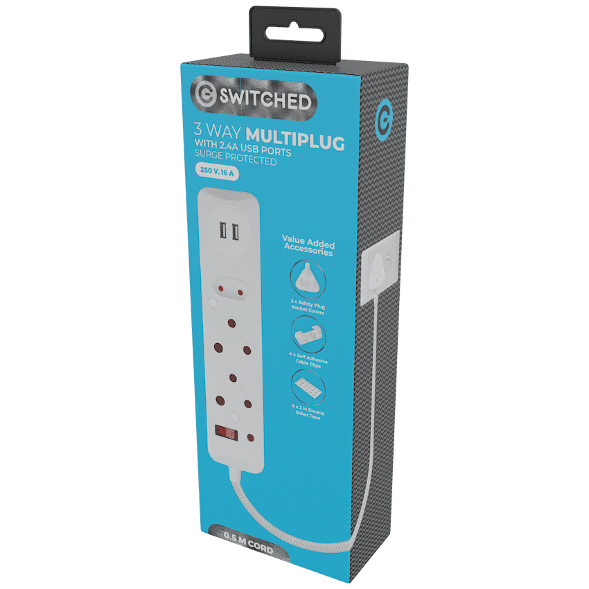 SWITCHED 3 Way Medium Surge Protected Multiplug with Dual 2.4A USB Ports 0.5M Braided Cord White - Image 2