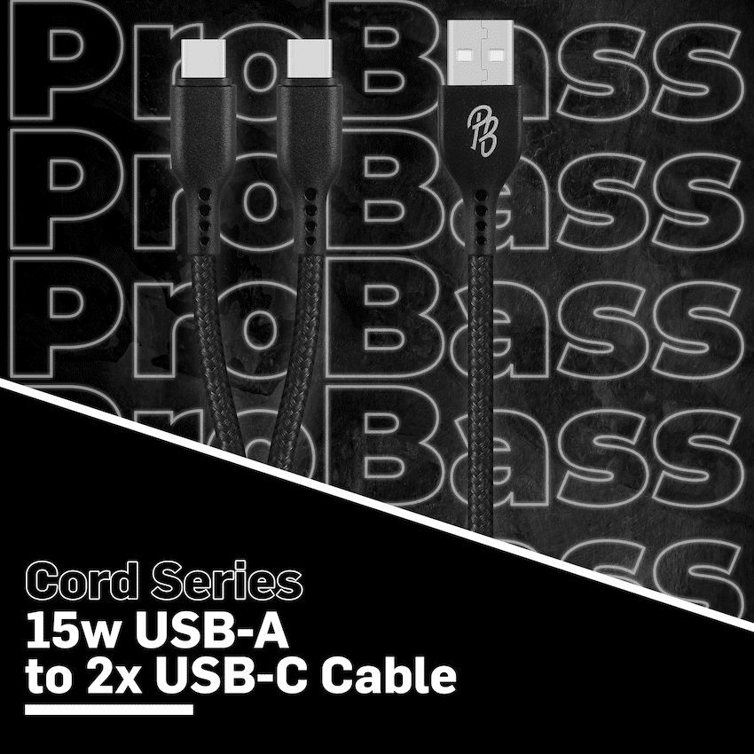 Pro Bass Cord Series 1.2m 15w USB-A to 2x USB-C Braided - Black - Image 3