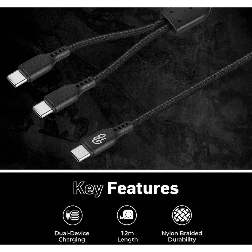 Pro Bass Cord Series 1.2m 15w USB-C to 2x USB-C Braided - Black - Image 3