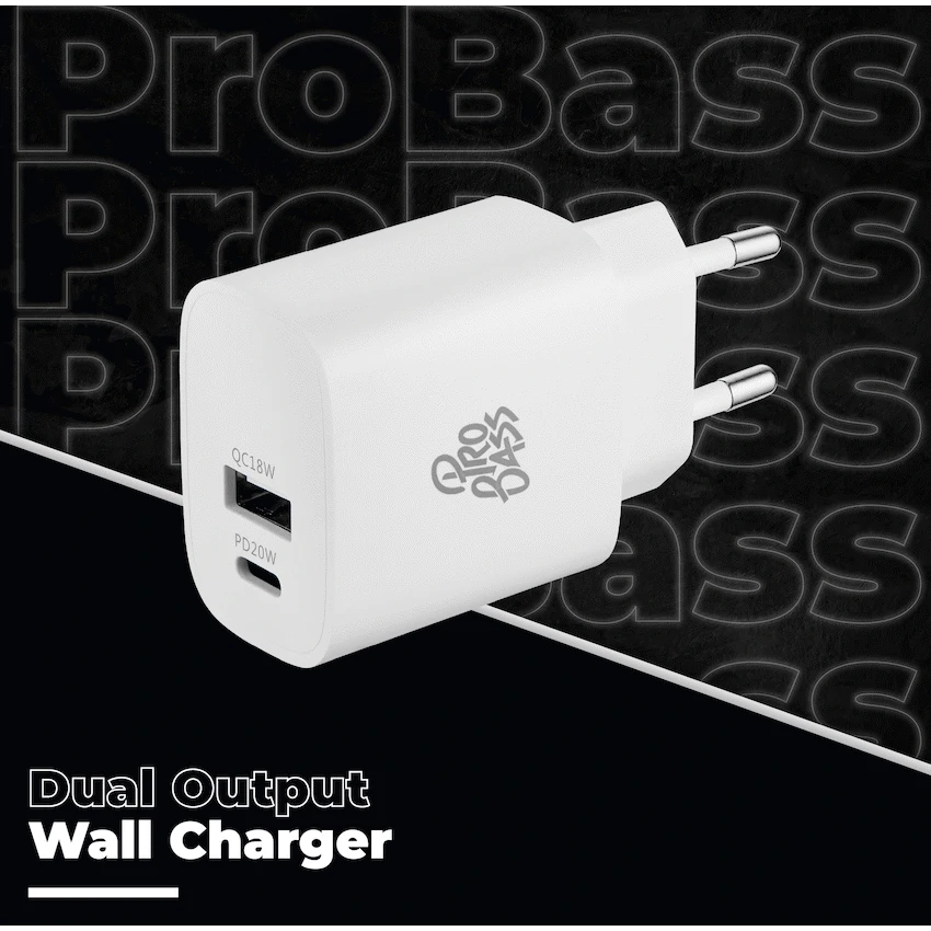 Pro Bass Rapidcharge Series 20w+18w Dual USB and Type-C Wall Charger - White - Image 3