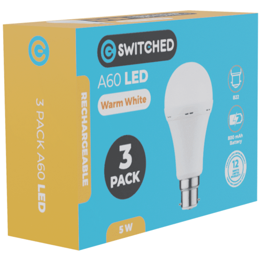 Switched 5w A60 Rechargeable B22 LED Light Bulb - WW - 3 Pack - Image 3
