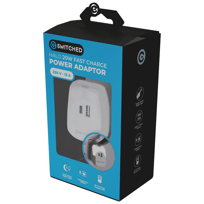 Switched Halo Fast Charge Power Adaptor, USB and Type-C Ports, Output 20w - Soft Touch Night Light - Image 3
