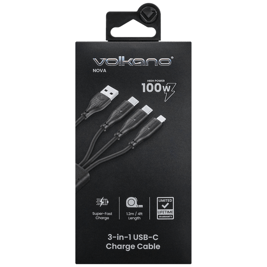 Volkao Nova Series USB A to 2 USb C and lightning cable 100W 1.2m TPE-Black - Image 3