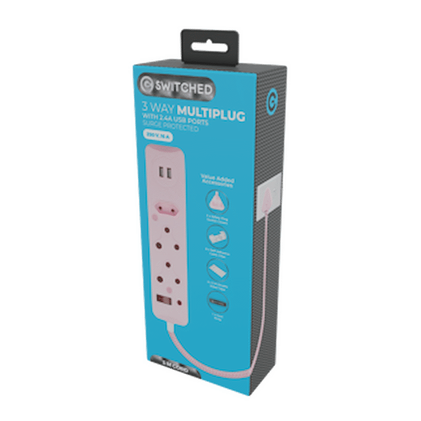 Switched 3-Way Surge-Protected Multiplug with Dual 2.4a USB Ports 3m Braided Cord - Image 3