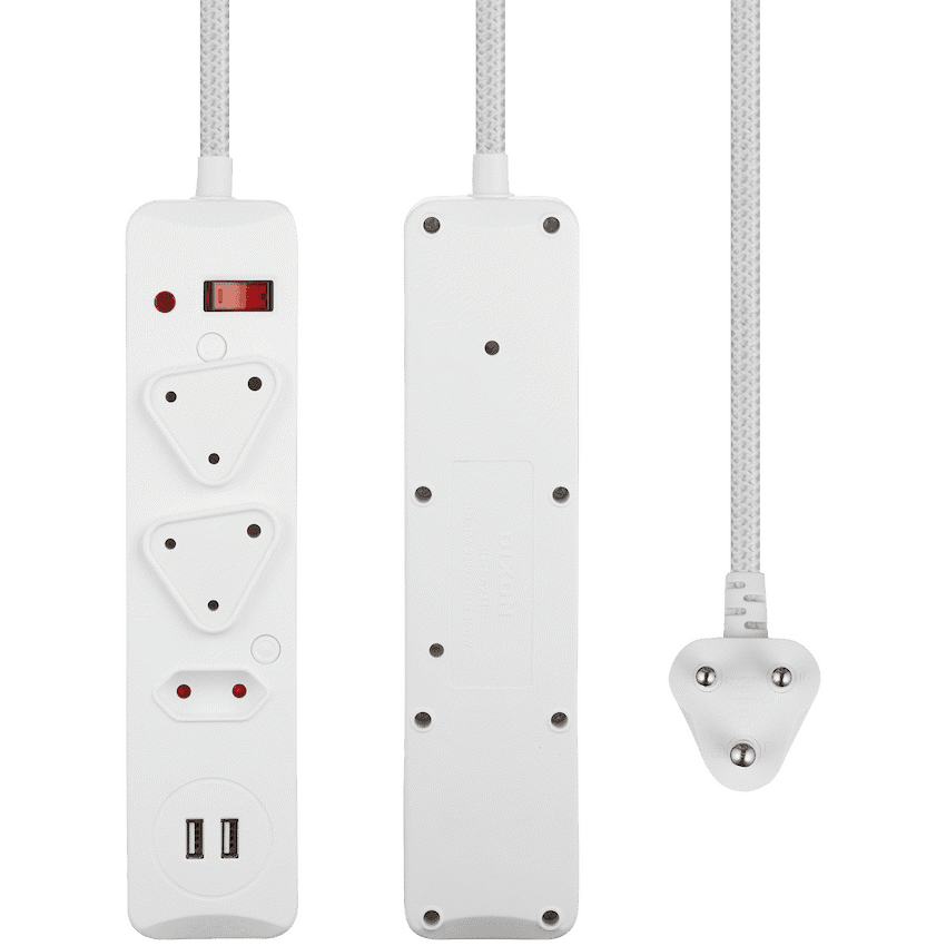 Switched 3-Way Surge-Protected Multiplug with Dual 2.4a USB Ports 3m Braided Cord - White - Image 3
