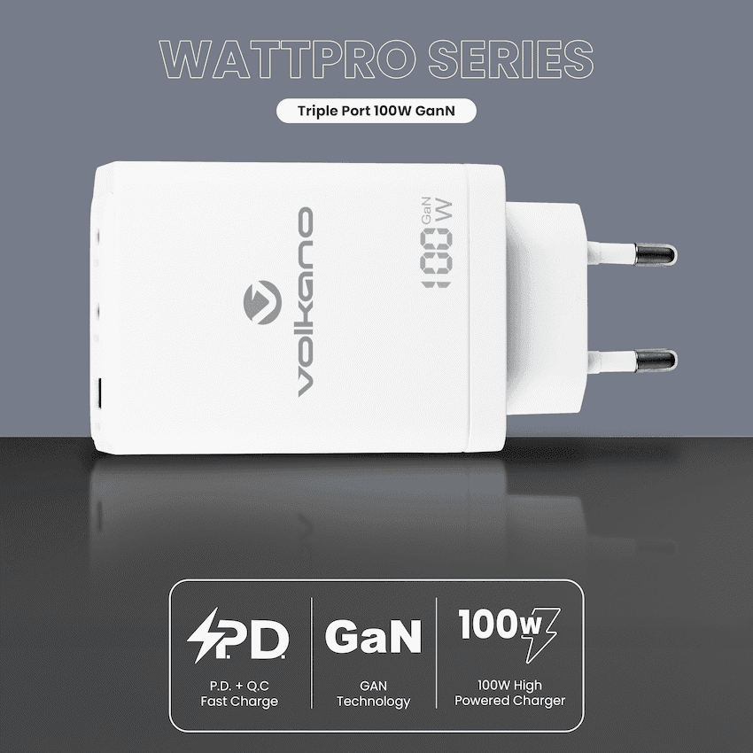 Volkano WattPro Series Triple Port 100W GaN Wall Charger - White - Image 3