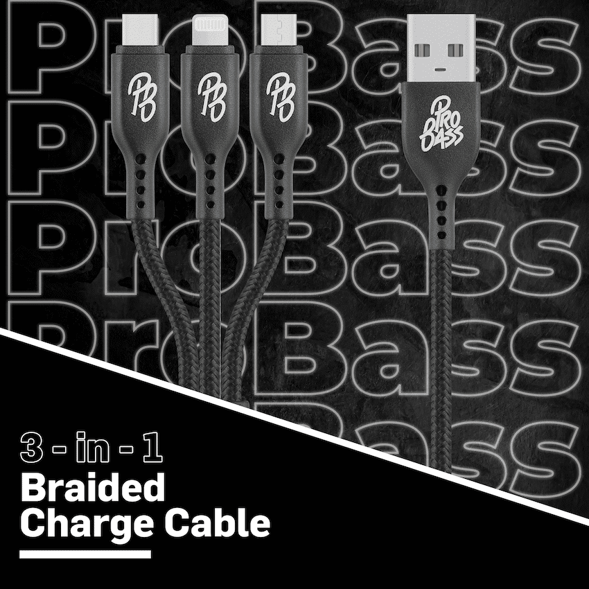 Pro Bass Braided 3-in-1 Charge Cable 1m - Black - Image 3