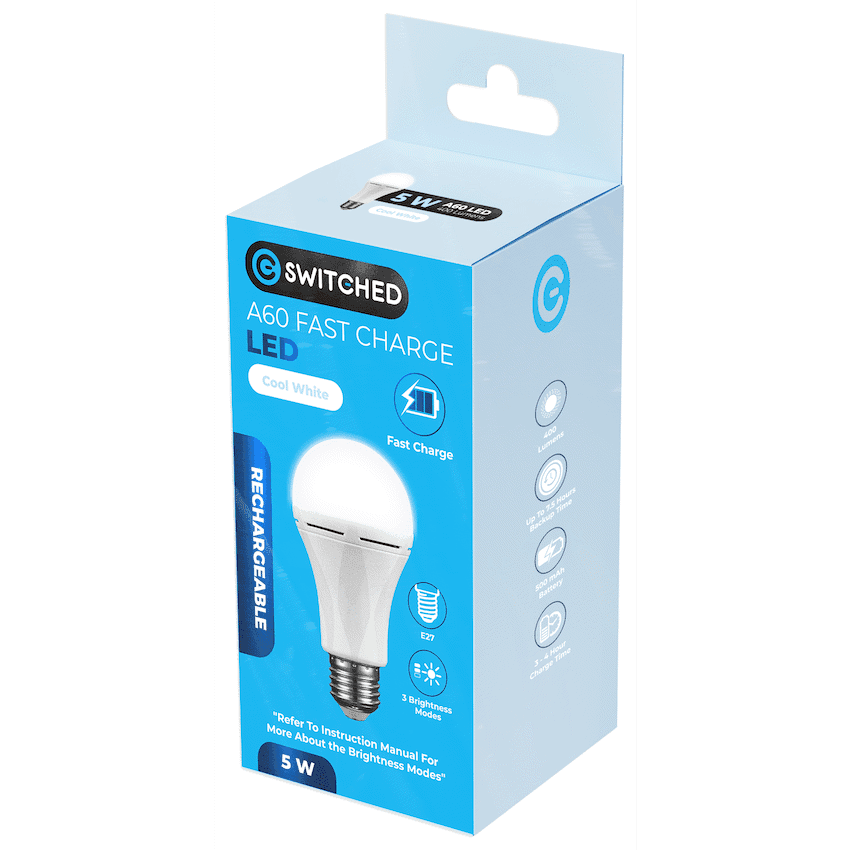 Switched 5w A60 Rechargeable Fast Charge E27 LED - CW - Image 4