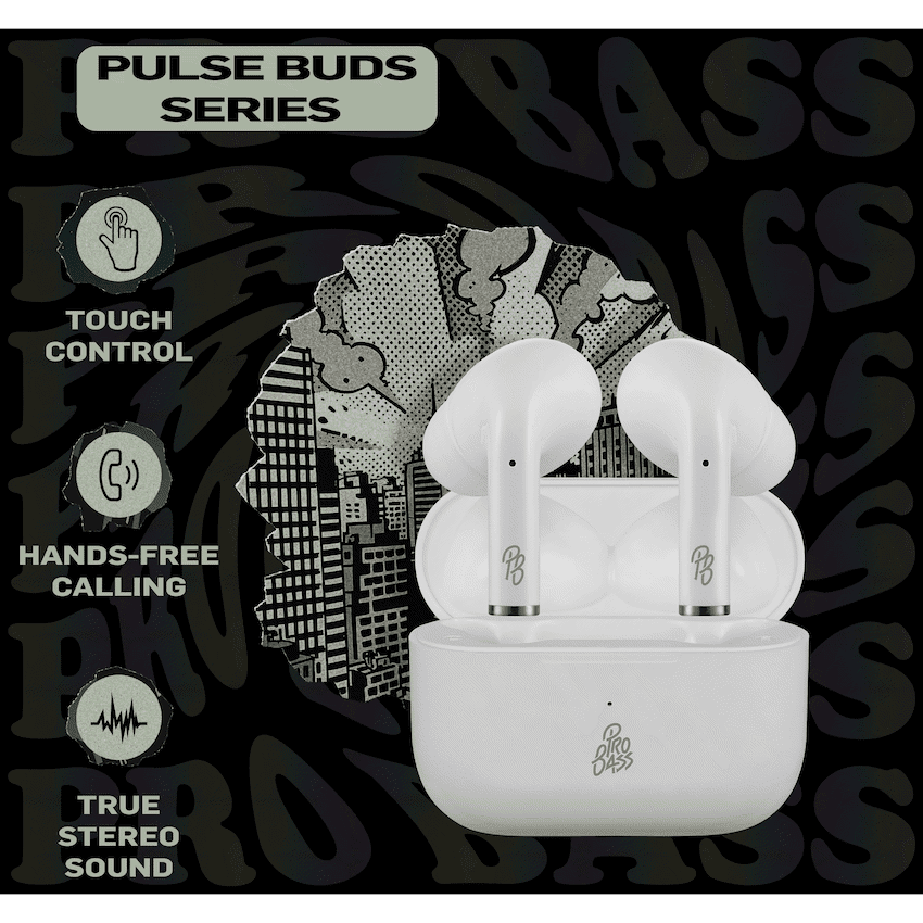 Pro Bass Pulse Buds True Wireless Earphones with Charging Case - White - Image 4