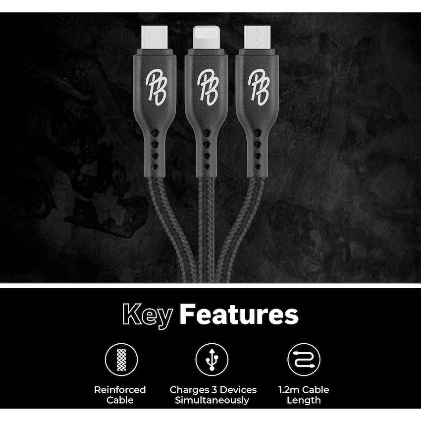 Pro Bass Braided 3-in-1 Charge Cable 1m - Black - Image 4