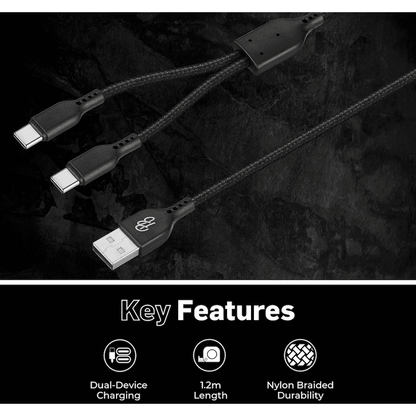 Pro Bass Cord Series 1.2m 15w USB-A to 2x USB-C Braided - Black - Image 4