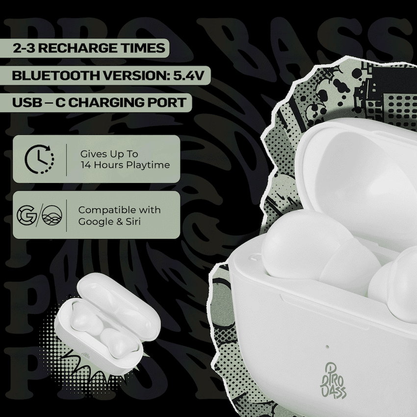 Pro Bass Pulse Buds True Wireless Earphones with Charging Case - White - Image 5