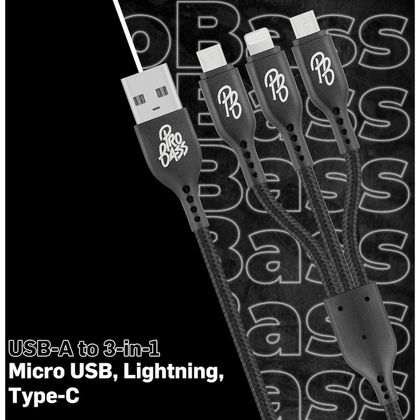 Pro Bass Braided 3-in-1 Charge Cable 1m - Black - Image 5