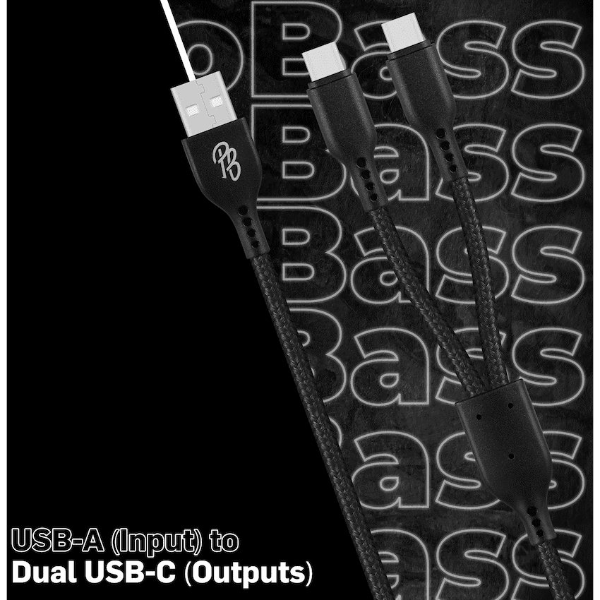 Pro Bass Cord Series 1.2m 15w USB-A to 2x USB-C Braided - Black - Image 5