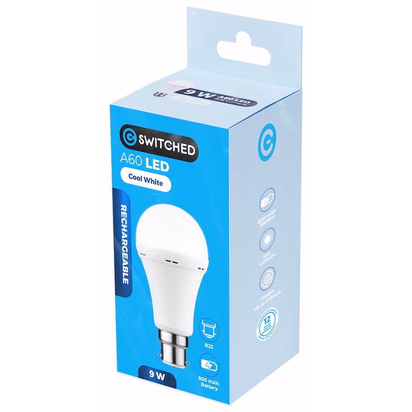 Switched 9w A60 Rechargeable LED Light Bulb - B22 - Cool White - Image 5