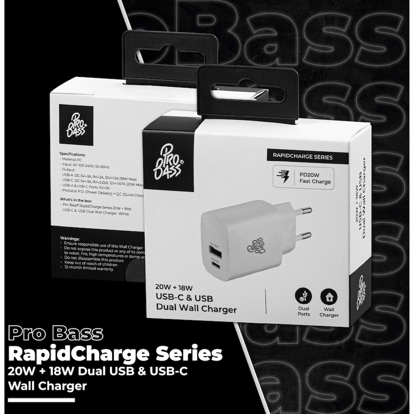 Pro Bass Rapidcharge Series 20w+18w Dual USB and Type-C Wall Charger - White - Image 6