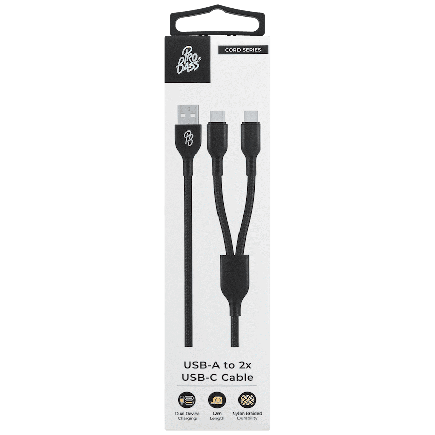 Pro Bass Cord Series 1.2m 15w USB-A to 2x USB-C Braided - Black - Image 8