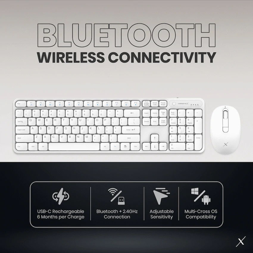 VolkanoX Garnet Bluetooth Wireless Keyboard and Mouse Combo - White - Image 9