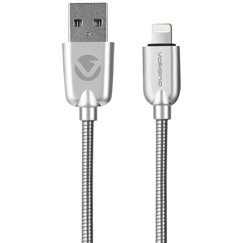 Volkano Iron Series Round Metallic Spring 90deg Micro USB Cable 1.2m - Silver