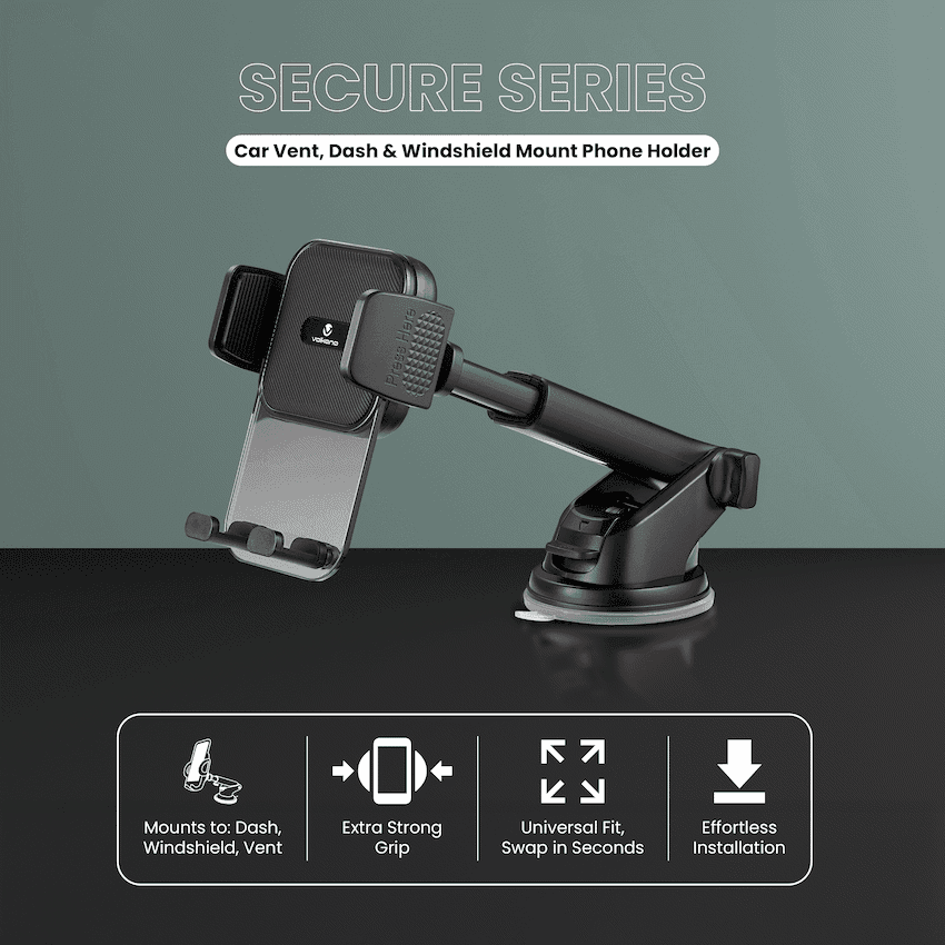 Volkano Secure Series Car Vent, Dash & Windshield Mount Phone Holder - Black - Image 3