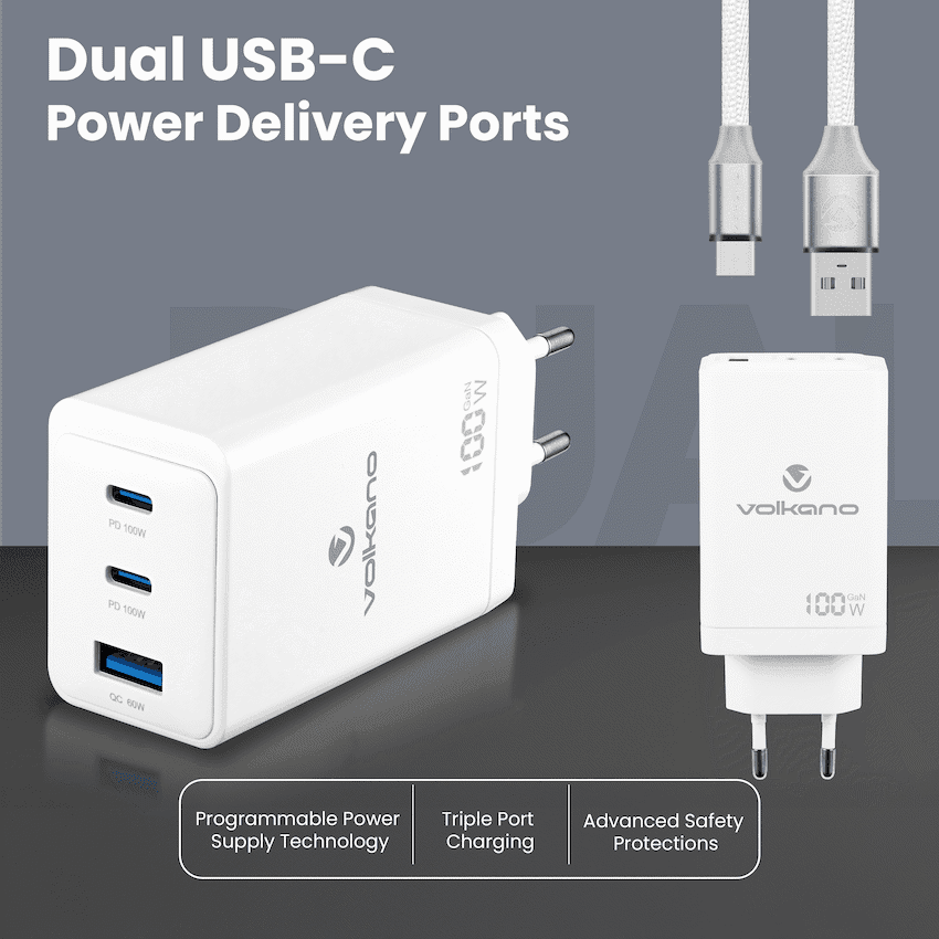 Volkano WattPro Series Triple Port 100W GaN Wall Charger - White - Image 4
