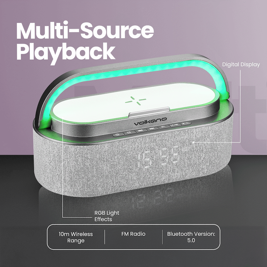 Volkano Dawn Series Alarm Clock with Wireless Charging and Speaker - Image 6