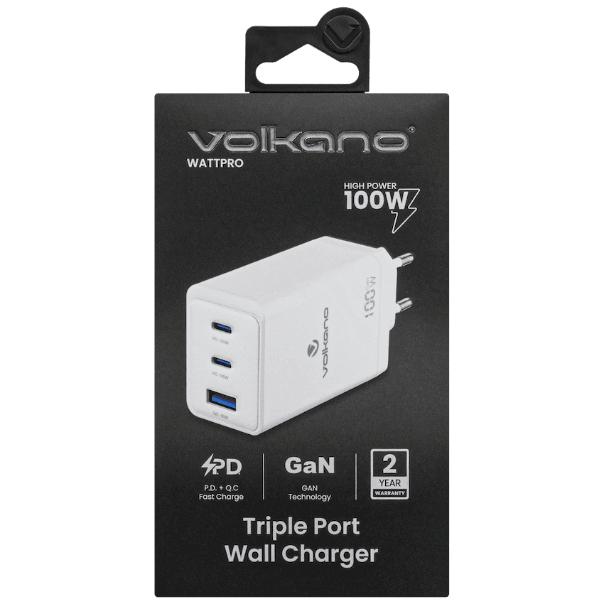 Volkano WattPro Series Triple Port 100W GaN Wall Charger - White - Image 8