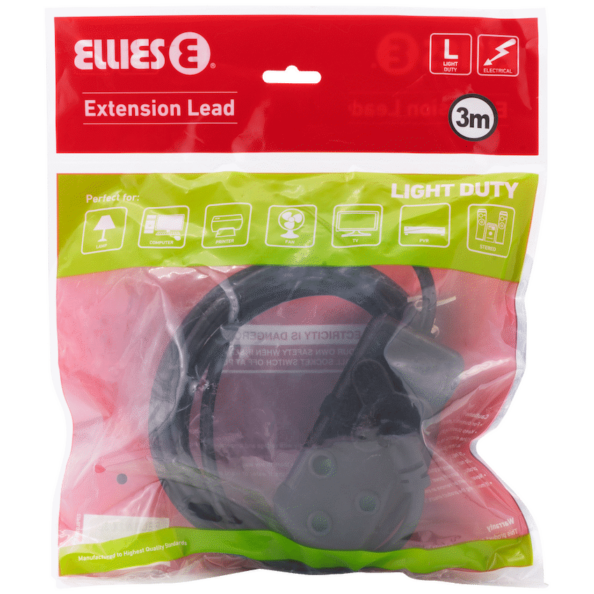 Ellies Side-by-Side Light-Duty Extension Lead - 3m - Black - Image 8