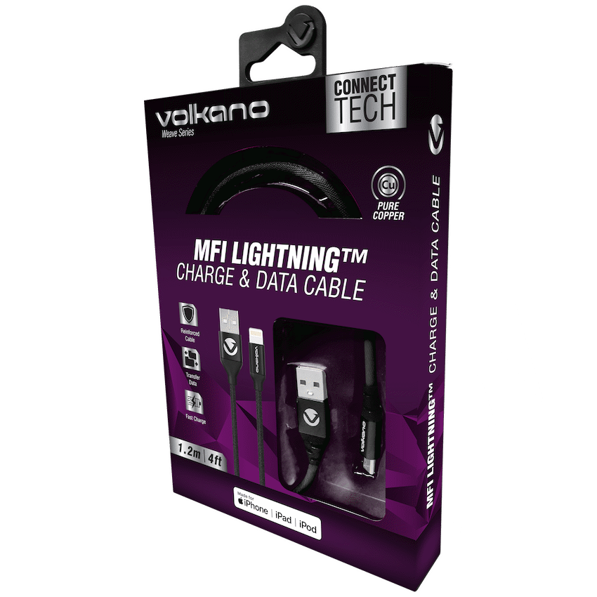 Volkano Weave Series Fabric Braided MFI Lightning Cable 27W 1.2m - Black - Image 3