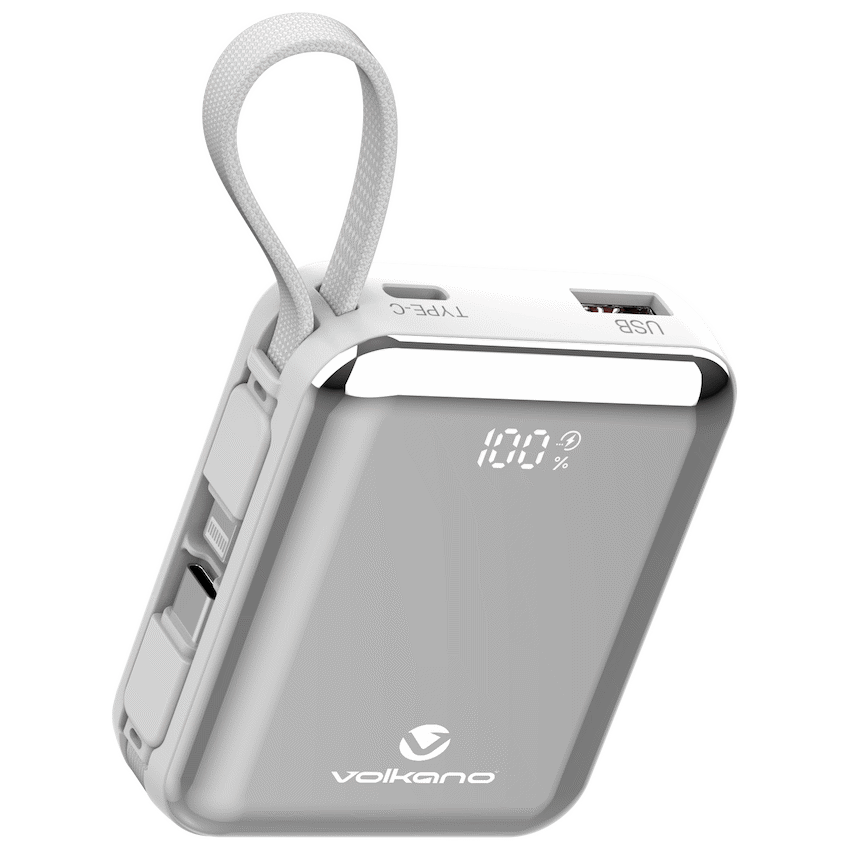 Volkano Solace Series 10 000 mAh Power Bank with Built-in USB-C & Lightning Cable - White & Silver - Image 7