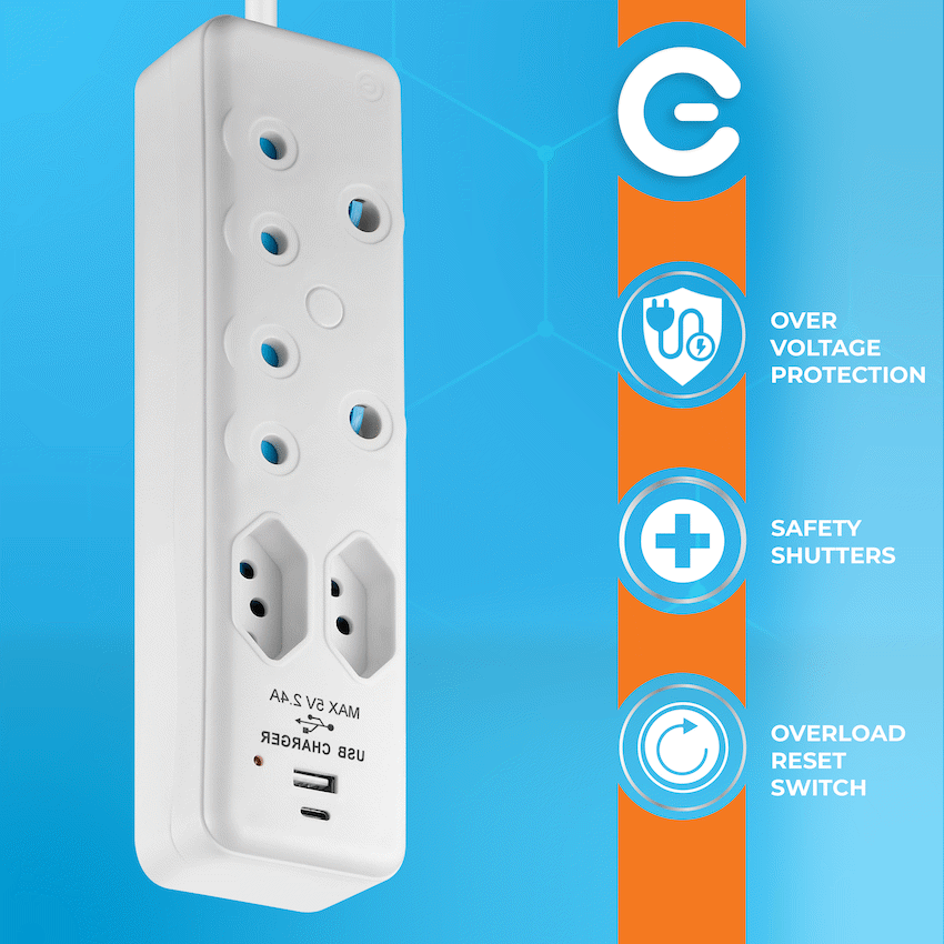 Switched 4-Way Extension Lead with 1x Type-C + 1x USB - 2m - Image 6