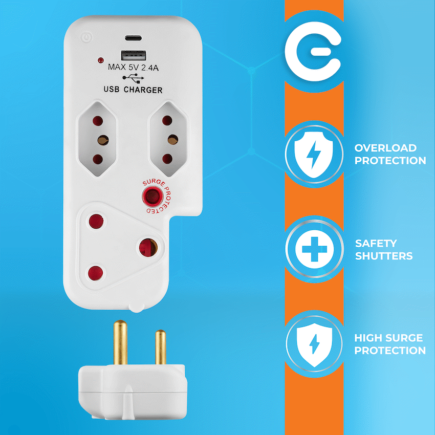 Switched 3-Way Medium Surge Adaptor with Type-C + USB - White - Image 7
