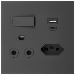 Ellies 2 Way (3 Pin; SANS 164-2) Single Switch Socket 4x4 (100x100mm) - USB + Type C - BK